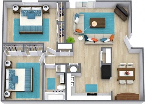 Floor plan for 2 beds, 1 bath, 852 sqft
